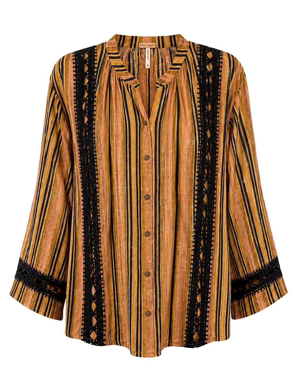 Free People Boho Earthy Striped Crochet Trim Button Front Blouse Top Small